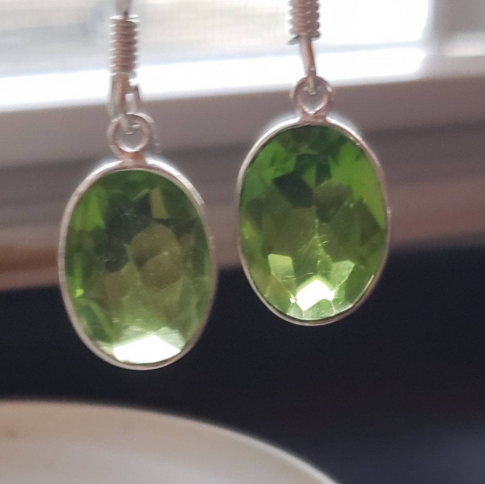 Olive Green Peridot & Silver Earrings, NWOT, Handmade By Artisans, French Hooks.